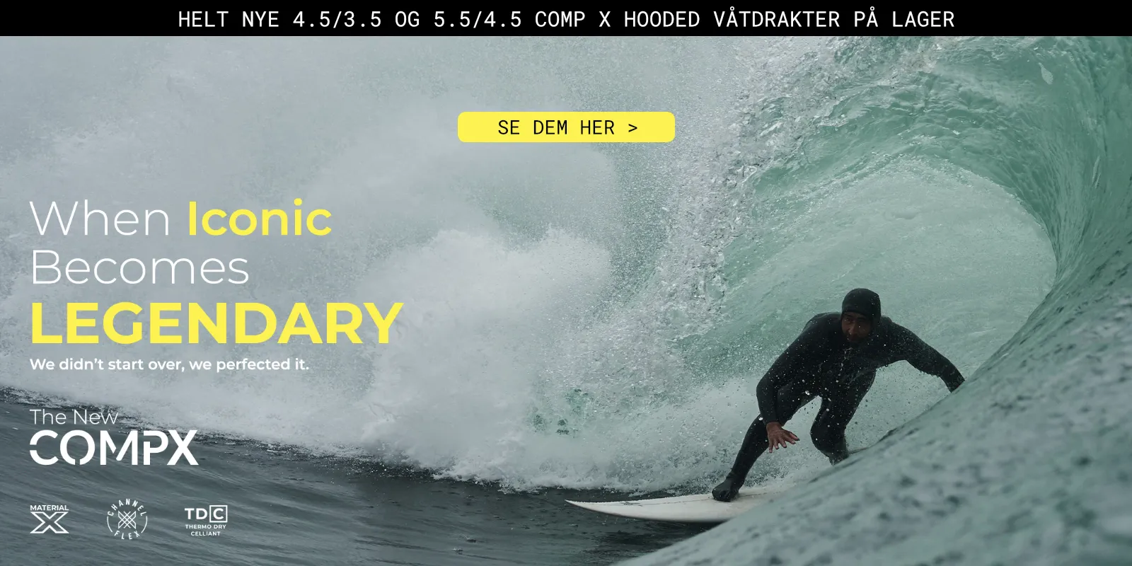 Viser den nye Xcel 5.5/4.5 Comp X Hooded våtdraken i full profil.