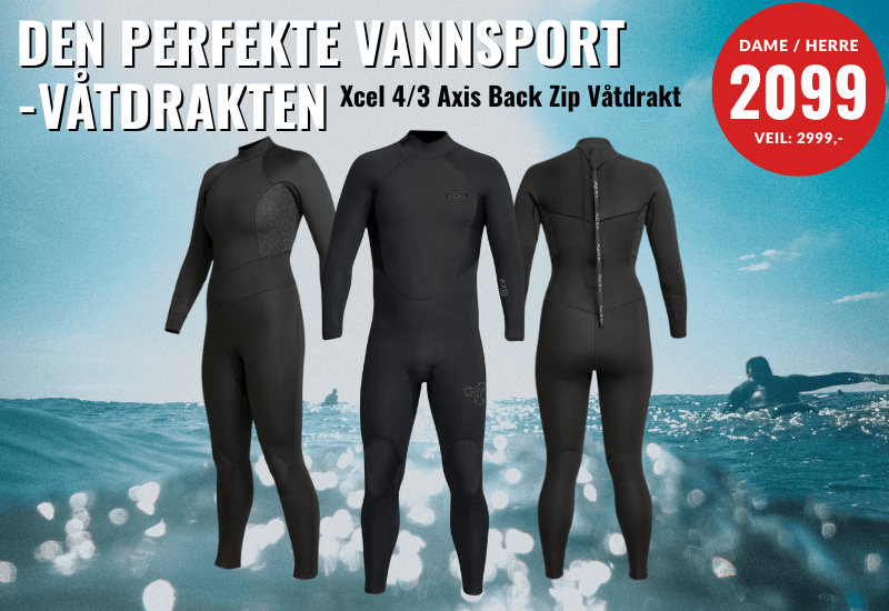 Den perfekte vannsport-våtdrakten - Xcel 4/3 Axis Back Zip Våtdrakt vises og en padlende surfer i bekgrunen. 